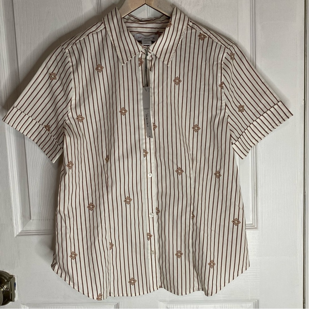 Coral pink & black Striped Short Sleeve Shirt NWT